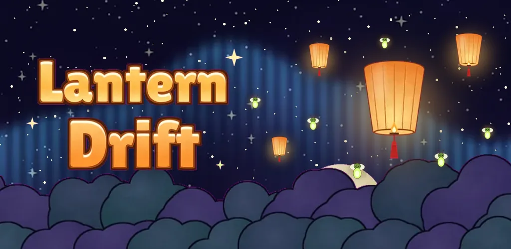 Lantern Drift feature art: a paper lantern rising through a starry, firefly-filled night