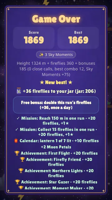 The results screen showing height, fireflies and best score