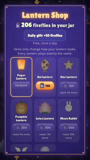 The lantern skins screen with skins earned by playing
